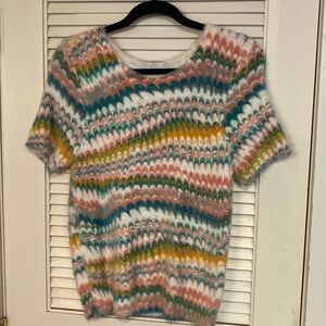 Anthropologie Fuzzy Sweater T-Shirt Pink Wite Turquoise Size Medium